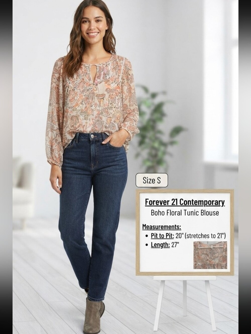 Forever 21 Contemporary Boho Floral Paisley Tunic Blouse Sz S Crochet Trim